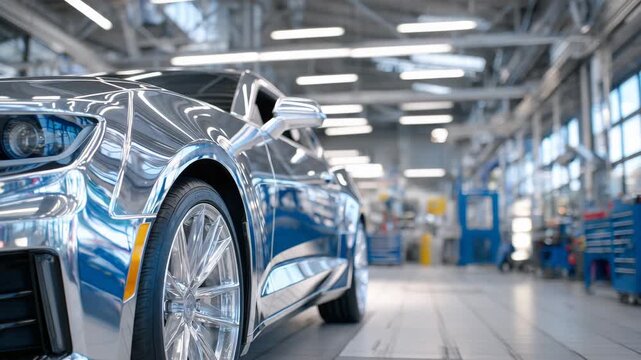15Polished silver vehicle in a high-end repair facility, close-up on front fender and wheel area as it&rsquo;s being serviced, reflections of glass walls and stainless steel equipment, cle