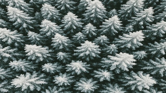 Aerial view of snow-covered pine trees in a dense forest