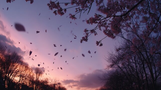 Dramatic crimson sunset sky with floating white petals and silhouetted bare trees in soft twilight glow, wideangle perspective with copy space on left