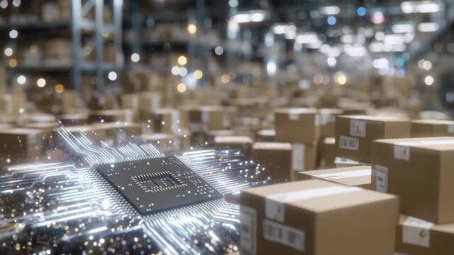 16Warehouse scene with cardboard boxes filled with circuit boards, sunlight through high windows reflecting off microchips, clean organized rows symbolizing precision manufacturing a