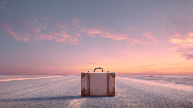 Journey's End: An antique suitcase rests on a long, open road. Above, the serene canvas of a sunset sky embraces a journey's beginning. The image conveys the anticipation and nostalgia.