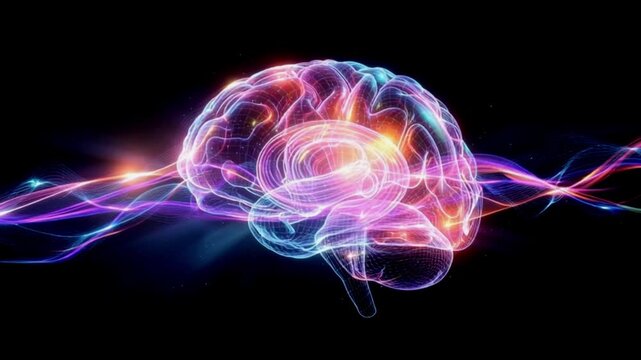A glowing neon abstract brain floats in a futuristic digital space, pulsating with vibrant electric blue, purple, and magenta hues on black background - Powered by Adobe