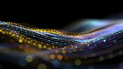An abstract digital wave of colorful glowing lines and dotted particles on a black background with a shallow depth of field creating bokeh effects - Powered by Adobe