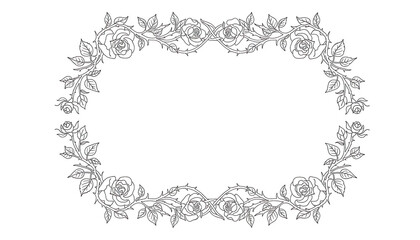 Oval Frame of Roses and Thorns, Black and White Line Art