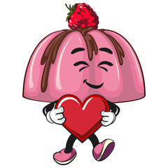 cute pink jelly dessert mascot cartoon vector food illustration, adorable raspberry pudding character with Chocolate Topping hold the heart with love, work of hand drawn