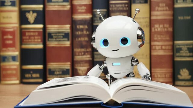 humanoid robot teacher reading book in library. 