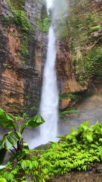 Koban Kapas Biru is a waterfall in the tropical jungles of East Java, descending from a high cliff into a lush green canyon surrounded by tropical forests with vibrant vegetation.Lumajang River. 4К