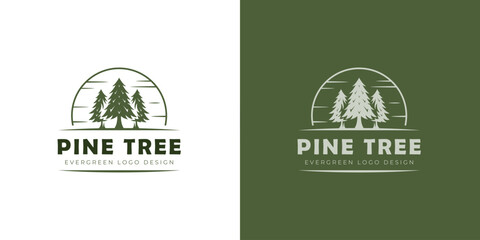 Pine Tree Logo Design with Vintage Forest Landscape Symbolizing Wilderness, Evergreen, Adventure, and Outdoor Nature for Camping Brand, Forestry Business, and celebration elements