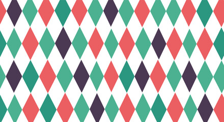 Seamless harlequin pattern with coral, teal, and deep purple diamonds on a white background.