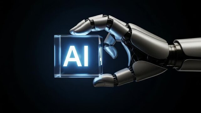 Futuristic robot hand holding glowing AI cube in motion, showcasing artificial intelligence and tech innovation for a connected digital future
