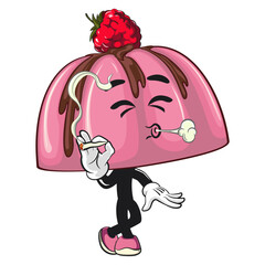 cute pink jelly dessert mascot cartoon vector food illustration, adorable raspberry pudding character with Chocolate Topping smoke calmly, work of hand drawn
