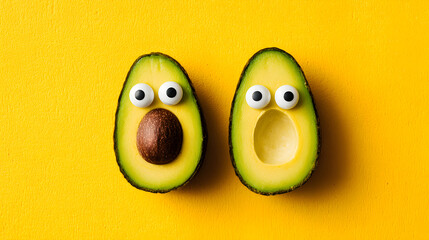 Avocados with googly eyes expressing surprise on yellow background