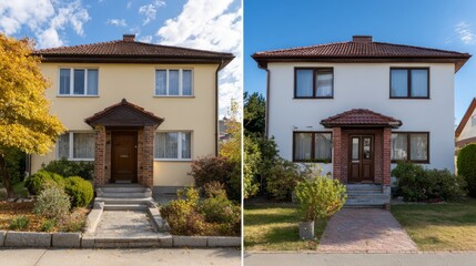 Fototapeta premium Two-story suburban homes showcasing distinct architectural styles and landscaping, featuring vibrant fall colors and clear blue skies.