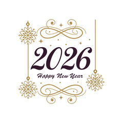 Elegant Happy New Year 2026 Design with Gold Ornaments and Snowflakes