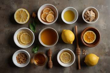 Natural Honey with Lemon and Honeycomb on Rustic Table