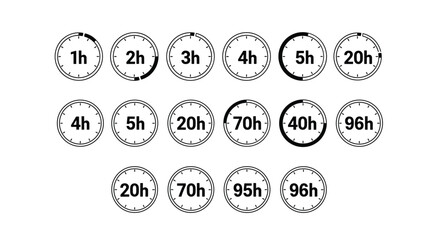Collection of circular clock icons representing various hour durations from 1h to 96h.