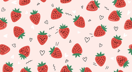 Cute cartoon strawberries with happy faces scattered across a light pink background.