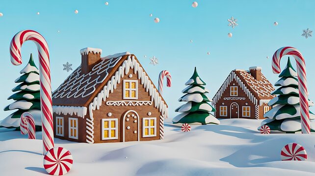 Gingerbread houses with candy canes and snowy winter holiday landscape
