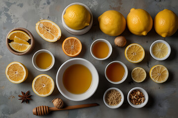 Natural Honey with Lemon and Honeycomb on Rustic Table