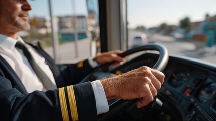 A senior male bus driver in uniform skillfully navigates city streets, showcasing dedication and professionalism.