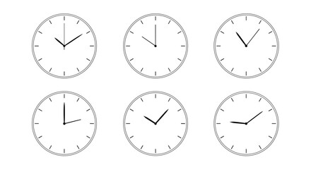 Six different clock faces showing various times on white background.