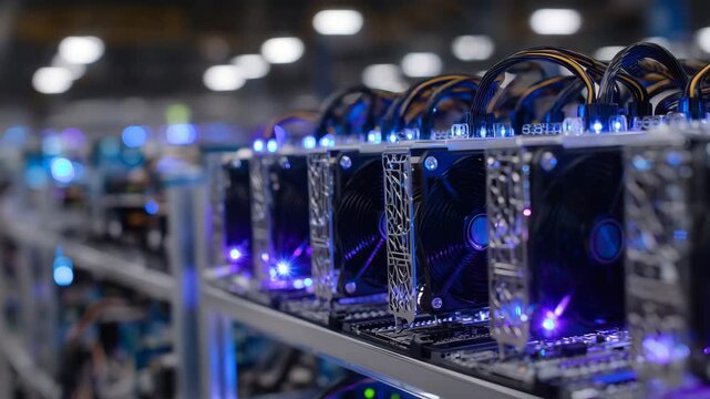 21GPU stack inside a high-efficiency mining station with glowing status LEDs and digital temperature readouts