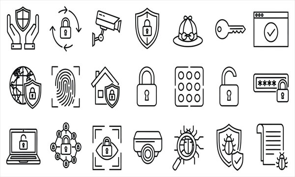 Set of cybersecurity icons representing protection, data security, network, access control, authentication, and bug detection for digital safety