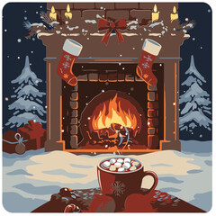 Cozy Christmas fireplace scene with hot chocolate and stockings. A warm, winter scene with a fireplace burning brightly, featuring Christmas stockings hung above, hot chocolate mug, and festive decor.
