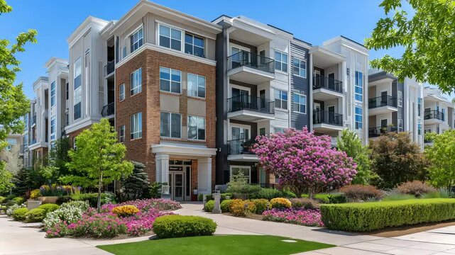22Stylish mid-rise residential property featuring red brick, beige siding, and wide balconies, surrounded by trimmed hedges and bright green grass, clear blue sky accentuating archit