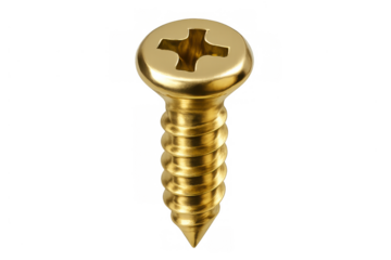 Gold phillips head screw with sharp tip, glittering metal fastener for construction and diy projects, transparent background
