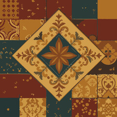 Patchwork design with ornate floral motifs in warm colors and neutral tones. Intricate pattern with a central diamond shape featuring decorative floral and leaf patterns.