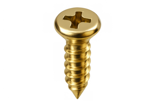 Gold phillips head screw with sharp tip, glittering metal fastener for construction and diy projects, transparent background