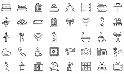 Set of minimalist outline icons for hotel amenities, hospitality services, travel accommodations, and guest facilities vector illustrations