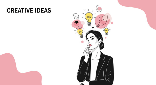Brilliant woman generating creative ideas, new solutions, and innovative strategies for business success, visualizing concepts and problem solving - Powered by Adobe