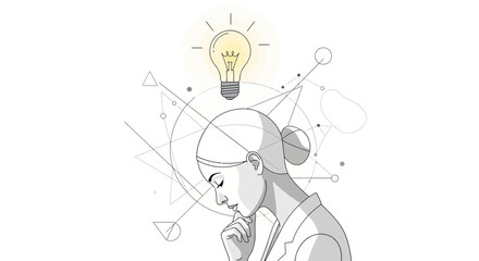 Modern businesswoman brainstorming with a brilliant idea, surrounded by geometric shapes, conveying innovation and creative solutions for business success