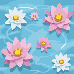 Abstract lotus flowers in various shades of pink and white, floating on a light blue water surface with ripple patterns. Delicate, paper-cut style flowers in a peaceful, natural setting.