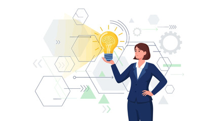 Confident businesswoman holding vibrant lightbulb, radiating innovation and creative solutions for business growth in a modern, dynamic environment