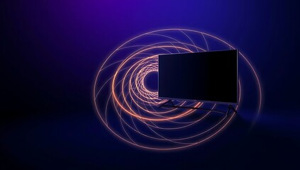 Futuristic display with glowing circles and a black screen for content placement in a modern design television