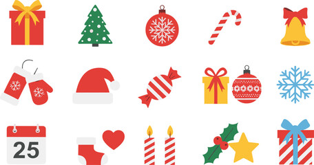 Christmas icon clipart set with gifts tree ornaments candy cane bells stockings calendar snowflake PNG for cards crafts