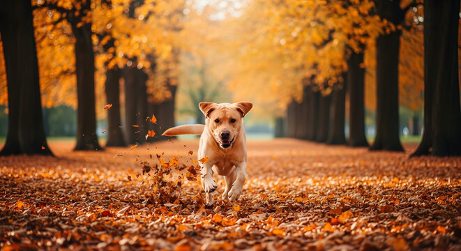 Golden Retriever in Autumn's Embrace: A joyous golden retriever bounds forward through a vibrant pathway of fallen leaves.