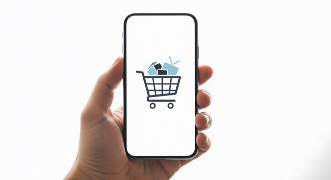 Shopping on the Go: A hand firmly grasps a smartphone, its screen displaying a shopping cart graphic laden with purchases, a visual representation of the ease and convenience of modern online retail.