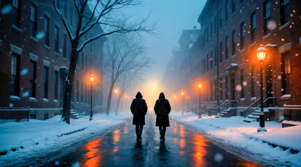 Snowy City Street with Warm Lamplight Reflections