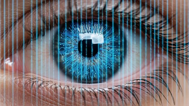 Futuristic eye with glowing circuit patterns for innovative technology concepts, biometric security systems, and the cutting edge of data visualization