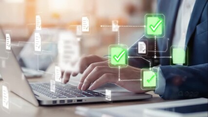 Close-up shot of a man in a blue suit working on a laptop and tablet, surrounded by digital document icons with checkmarks, suggesting document approval