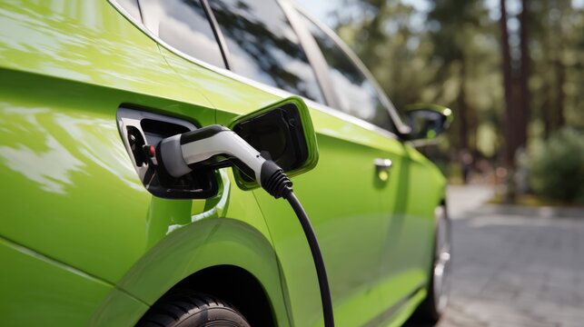 A vibrant green electric car being charged outdoors, showcasing modern eco-friendly technology.