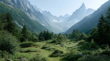 Fototapeta premium Serene alpine valley with lush meadows, towering jagged peaks, soft morning mist, tranquil greenery, and expansive sky in a scenic mountain landscape