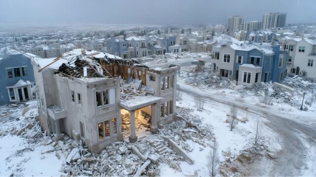 37Wide aerial shot of urban neighborhood under heavy snow, damaged structure with gaping roof visible among intact residential buildings, pale winter sky enhancing cold tone