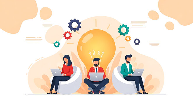 Teamwork makes the dream work as colleagues collaborate on laptops with a bright idea illuminating their creativity, perfect for illustrating innovation, brainstorming, and modern business solutions