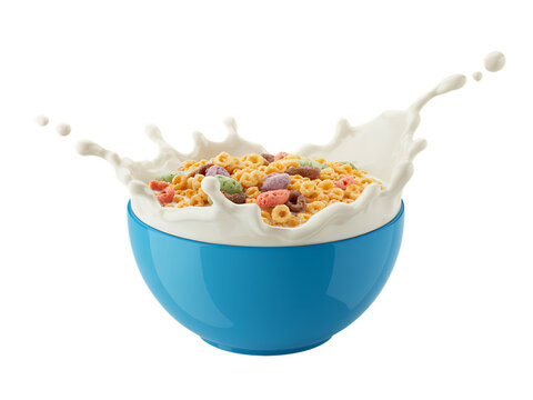 Colorful cereal splashing out of a blue bowl isolated on transparent background
