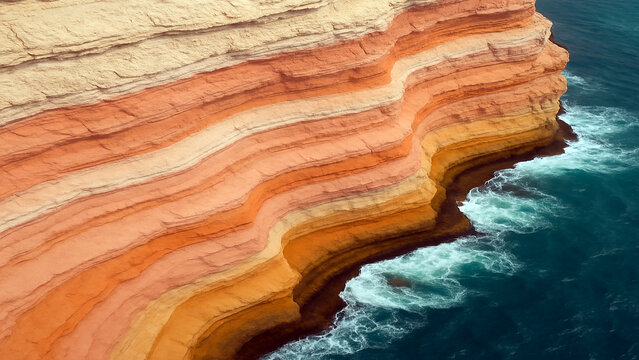 Layered sandstone cliff face meets turquoise ocean waves - Powered by Adobe